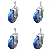 5 Inch SS Blue Polyurethane Wheel Swivel 3/8 Inch Threaded Stem Caster Set SCC
