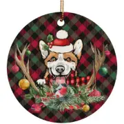Funny Welsh Corgi Dog With Deer Anlters Plaid Pattern Ornament Gift Tree Decor
