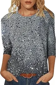 [Generic] Spandex T Shirts Womens Daily Floral&Sequins Print O Neck Tops Three Quarter Sleeve Round Neck Tee Shirt Printed Flower Loose Side Split Blouse Tunic Sheer Long Sleeve Top