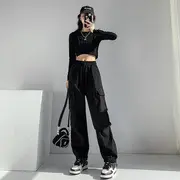 High Rise Plain Drawstring Harem Cargo Pants Black - XL