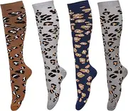 LEOSTEP 4 Pairs Compression Socks for Women & Men, Support Compression Sock 20-30 mmHg for Nurses, Pregnancy, Flying, Running,Travel, Leopard Print