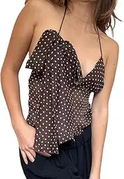 [BAIGRAM] Women Polka Dot Halter Cami Sleeveless Deep V Neck Open Back Tie Crop Tops Going Out Sexy Tank Top with Scarf