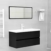 Modern 2-Piece Floating Bathroom Vanity Set in Black Engineered Wood with Sink Cabinet and Mirror, 90cm Dimensions, Wall-Mounted