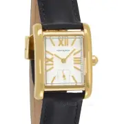 Tory Burch Eleanor Womens Gold Watch, White Dial, Black Leather, Double T Clasp