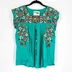 Savanna Jane Floral Embroidered Flutter Sleeve Top Womens Small in Teal NEW