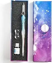 YOLAKIS Glass Dip Pen, Crystal Vintage Handmade Dip Pen and Ink Set Signature Writing Drawing Pen Office Student Business Gift Pen (Sky Blue+Ink)