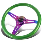 NRG FULL ALUMINUM 350MM 6-BOLT GREEN WOOD GRIP NEO CHROME SPOKE STEERING WHEEL