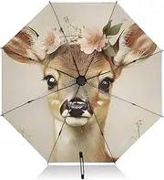 [PDZRMY] Deer Garland Art UV Protection Travel Umbrella Compact for Rain and Sun - Auto Open and Close UPF 50+ Windproof Portable 46” Sun Umbrella for Women and Men