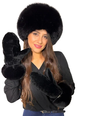 Fox And Beaver Fur Mittens And Hat Set Saga Furs Jet Black Furs Set Winter Glove
