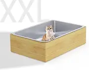 Cute Aesthetic Litter Box 60 * 40 * 16cm, Extra Large Stainless Steel Cat Litter Box, Kitty Litter Box with Bamboo Shell, Non-Sticky, Anti-Leakage&Odorless, XXL Cat Box for Small to Large Sized Cats