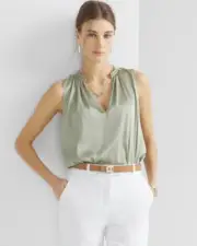 New White House Black Market Satin Ruched V Neck Bay Leaf Shell Shirt Size XS