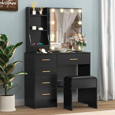 Large Black Dressing Table Stool Set with LED Lighted Mirror Vanity Make up Desk