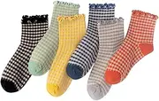 [Flerivva] Women's Ruffle Socks Checkered Heart Cotton Casual Socks Cute Frilly Ankle Socks