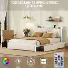 Queen Bed Frame with LED Headboard, Upholstered Bed with 4 Storage Drawers and