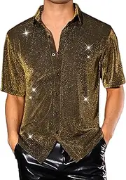 [Lars Amadeus] Glitter Sheer Shirt for Men's Shiny Mesh Short Sleeve Top Party Metallic Shirts