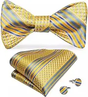 [GEDASHU] men's tie Men'S Bow Tie Yellow Blue Striped Self Bow Tie Men'S Silk Handkerchief Cufflinks Suit Collar Detachable Tie