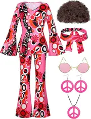Morakot 7 Pack 70s Women Hippie Costume Set Boho Flared Pants Tie Dye Headband Necklace Earrings Wig for Halloween Cosplay Hot Pink 3X-Large