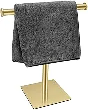 DUKWIN Hand Towel Holder SUS304 Stainless Steel Hand Towel Stand T-Shaped Freestanding Rack for Bathroom Kitchen Countertop with Square Base (Gold)