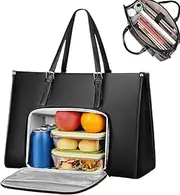 2 in 1 Tote Lunch Bag Combo, Laptop Bags for Women with Insulated Leakproof Lunch Compartment, 15.6 Inch Large Capacity PU Leather Briefcase, Laptop Tote Work Bag with Adjustable Handle for Business