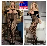 Plus Size 8-18 Sexy Bodystocking Black Crotchless Strappy Mesh Fishnet Lingerie