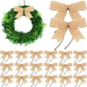24 Pieces Burlap Bows Decorative Christmas Bows Knot Ornament Bows Small Linen Handmade Wreath Bow for Christmas Tree Decoration Festival Holiday Party Package Supplies, 3 Inch