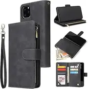 for iPhone 11 Wallet Case,for iPhone 11 Case,Boyobacase PU Leather Wallet Flip Cover Stand Feature[ 6 Card Slots and 1 Zipper Coin Pocket] with Wrist Strap-Black