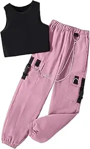 [Hilinker] Girl's Summer 2 Piece Outfits Sleeveless Crop Tank Top and Cargo Pants Set