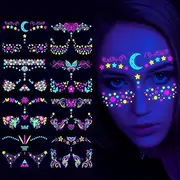 Glow in the Dark Tattoos Stickers, UV Blacklight Neon Fake Face Tattoos Stickers for Glow Party Adult Girls Women Rave Festival, UV Neon Fluorescence Waterproof Makeup Accessory Party Supplies 8 PCS