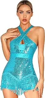 [TiaoBug] Women's Latin Dance Dress Crisscross Sequins Tassel Halter Bodysuit Salsa Cha-Cha Rumba Costume