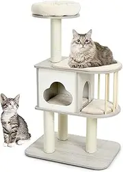 117 cm Wooden Cat Tower w/ Scratching Sisal Posts, 4-Tier Cat Tree w/ Condo, Stable Structure, Free Cushion, Platform, Protective Pine Wood Rail, Perch w/ Cat Bed, Small Cat Play House Combo for 1-2 Cats