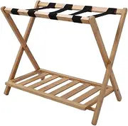 Foldable Luggage Rack, Bamboo Folding Luggage Rack with Lower Storage Shelf, 4 Heavy Duty Straps Folding Suitcase Stand, Ideal for Bedroom, Hotel