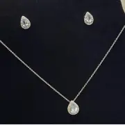Pear Shaped Blue Topaz & Diamond Sterling Silver Earrings & Pendant Necklace Set