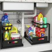 Aoresac Under Sink Shelf, 2 Tier Kitchen Organiser, Extendable Drawer, Spice Rack, Dishwasher Shelf for Kitchen, Bathroom, Cabinet (Black)