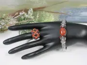 STERLING SILVER BUDDHA BANGLE DYE BROWN JADE BRACELET & JADE RING SET - NWT $300