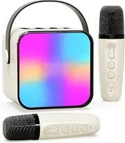 Mini Karaoke Machine with 2 Microphones for Kids Adults, Beedove Portable Bluetooth Speaker with Colorful Lights & Voice Changing Effects, Kids Toys for Boys Girls Family Birthday Party (Beige)