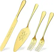 Wedding Cake Knife and Server Set, Gold Cake Cutting Set for Wedding, 4 Pieces Set with Forks for Engagements, Anniversaries, Bride and Groom