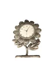 New Sunflower Shaped Mini Clock In Silver Metal Japan Movement With A Base