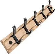 Coat Rack Wall Mount, Coat Hook with 5 Removable Double Hooks, Stainless Steel Wall Hook Coat Holder, Heavy Duty Wooden Wall Hook, Modern Coat Hangers with Self-Adhesive for Hat Backpack Towel (BK)