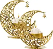 MrMrKura Moon Candle Holders Set of 2, Metal Tealight Candle Holder for Table Centerpiece Decorative Votive Candlesticks Holder for Party Home Decor (Gold)