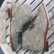 Handmade men gray boots, wingtip brogue boot for men, men suede leather boots