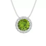 1.3 Round Cut Peridot Pave Halo Pendant Necklace 16" chain 14k White solid Gold