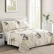 Ultra Soft Silky Deep Pocket Rich Printed Bedding Rayon Derived from Bamboo All Season 6 Pieces Sheet Set with 4 Pillowcases, Blue Chrysanthemum Floral Pattern Queen Size
