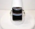 AB Black White Tan Botswana Agate .925 Sterling Silver Ring Size 10