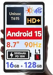 [2025 New Android 15] 8.7" Tablet by BNCF, Unisoc T615 (8 Core), HD IPS 800x1340, 90Hz Reflex, 350Nits, Widevine L1, 5MP Camera, 4G LTE, 2.4G/5G WiFi, BT5.0, 5500mAh, PD18W, 16GB+128GB (1TB TF)