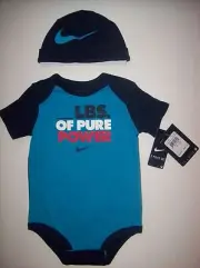 Nike Bodysuit Cap 2pc Set Sz 9-12 Mos Blue Lagoon Swoosh _Lbs. of Pure Power NWT