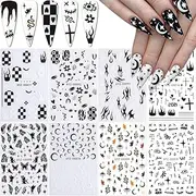 Black White Nail Art Stickers 3D Nail Art Supplies Star Moon Flame Snake Fire Checkerboard Butterfly Nail Decals Nail Art Decoration Designer Nail Stickers Designs for Acrylic Nails (8 Sheets)