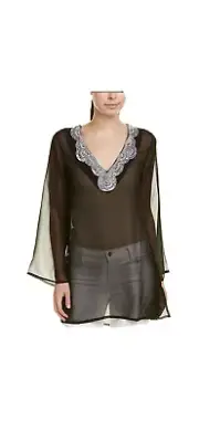 Sulu Spirit Collection Sheer Long Sleeve Silver Beaded Black Tunic Cover Top M