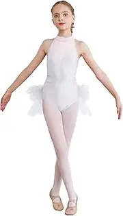[YiZYiF] Ice Figure Skating Dress For Girls Sparkly Ballet Lyrical Dance Dress Feather Tulle Tutu Gymnastic Leotard