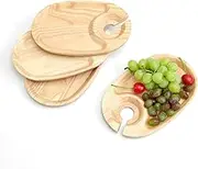 GinSent Wood Appetizer Plates Set of 4,Wooden Cocktail Appetizer Plates with Wine Glass Holder,Small Cheese Board for Wine Party,Housewarming Party,Birthday Party(Rubber Wood)