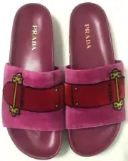Prada Slides Sandals Slip On Belt Pink Velvet Womens Size EU37.5/US7-7.5